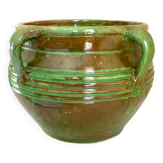 Grand pot à fleurs ancien, terre cuite vernissée verte, 4 anses, signée poterie d'Albi