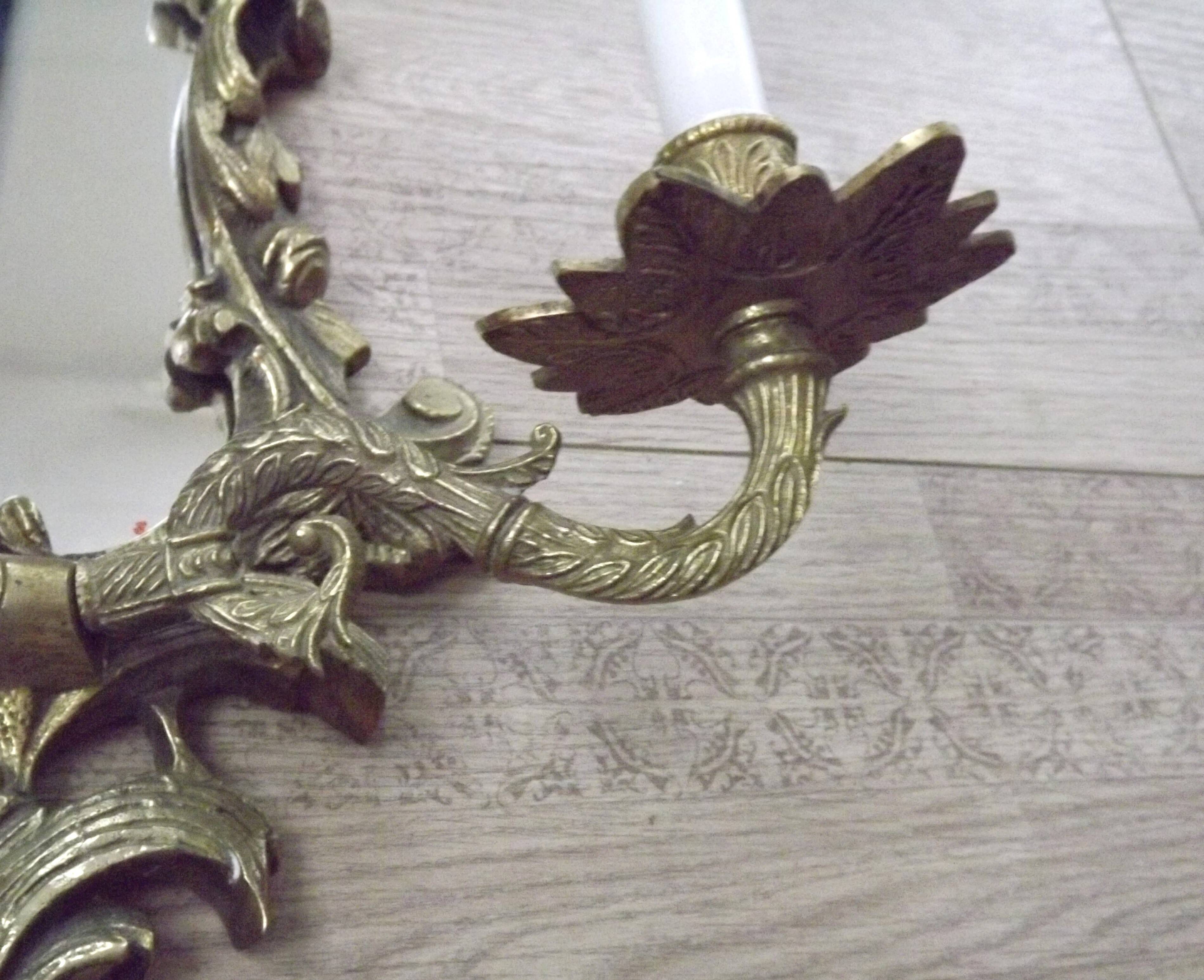 Large Pair of French Antique Bronze Mirror Double Candle Wall Sconces 5127