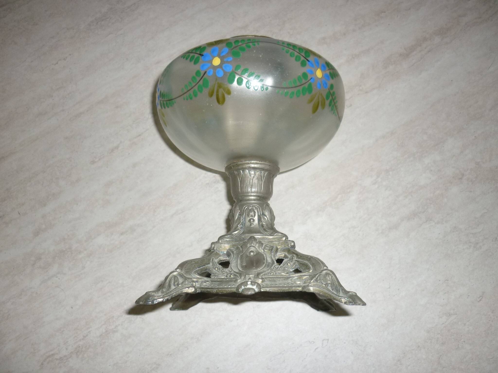 Painted oil lamp vase on pewter stand from the 19th century