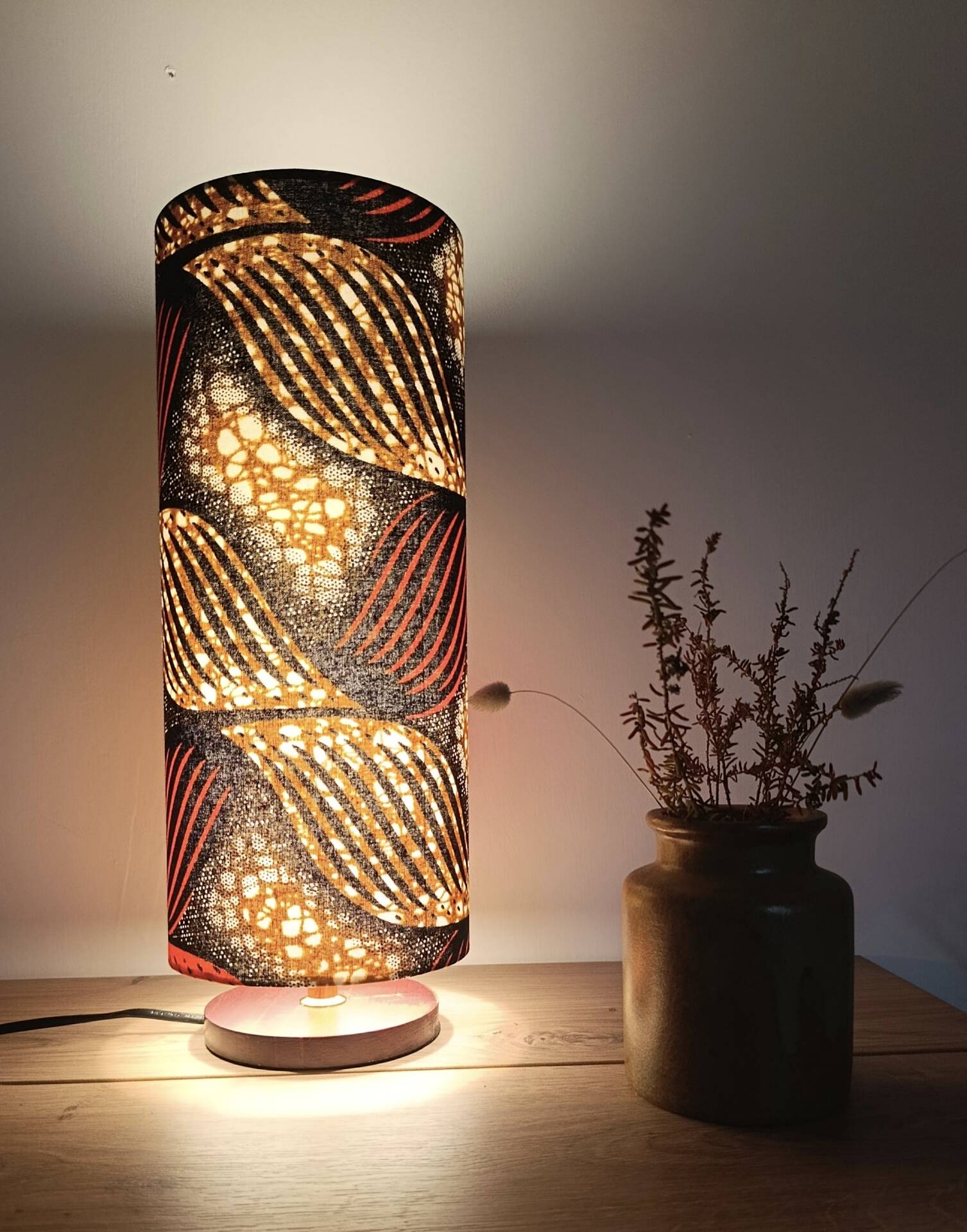 tube lamp wooden base | wax fabric boho-ethnic chic