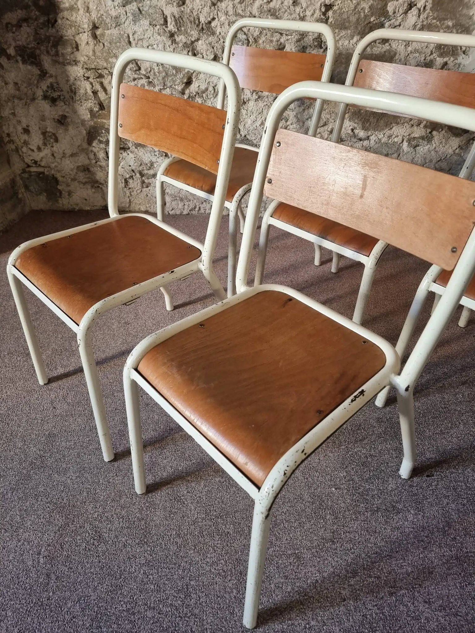 Vintage French school chairs – 1960s industrial cafe seats (set of 5)