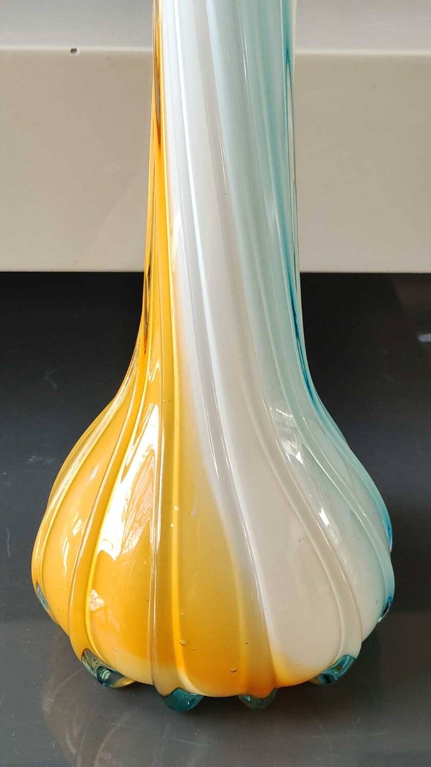 Antique large soliflore vase in venetian opaline glass, jack in the pulpit/murano. arum flower collar/triple multi-colored twisted overlay. high 40 cm