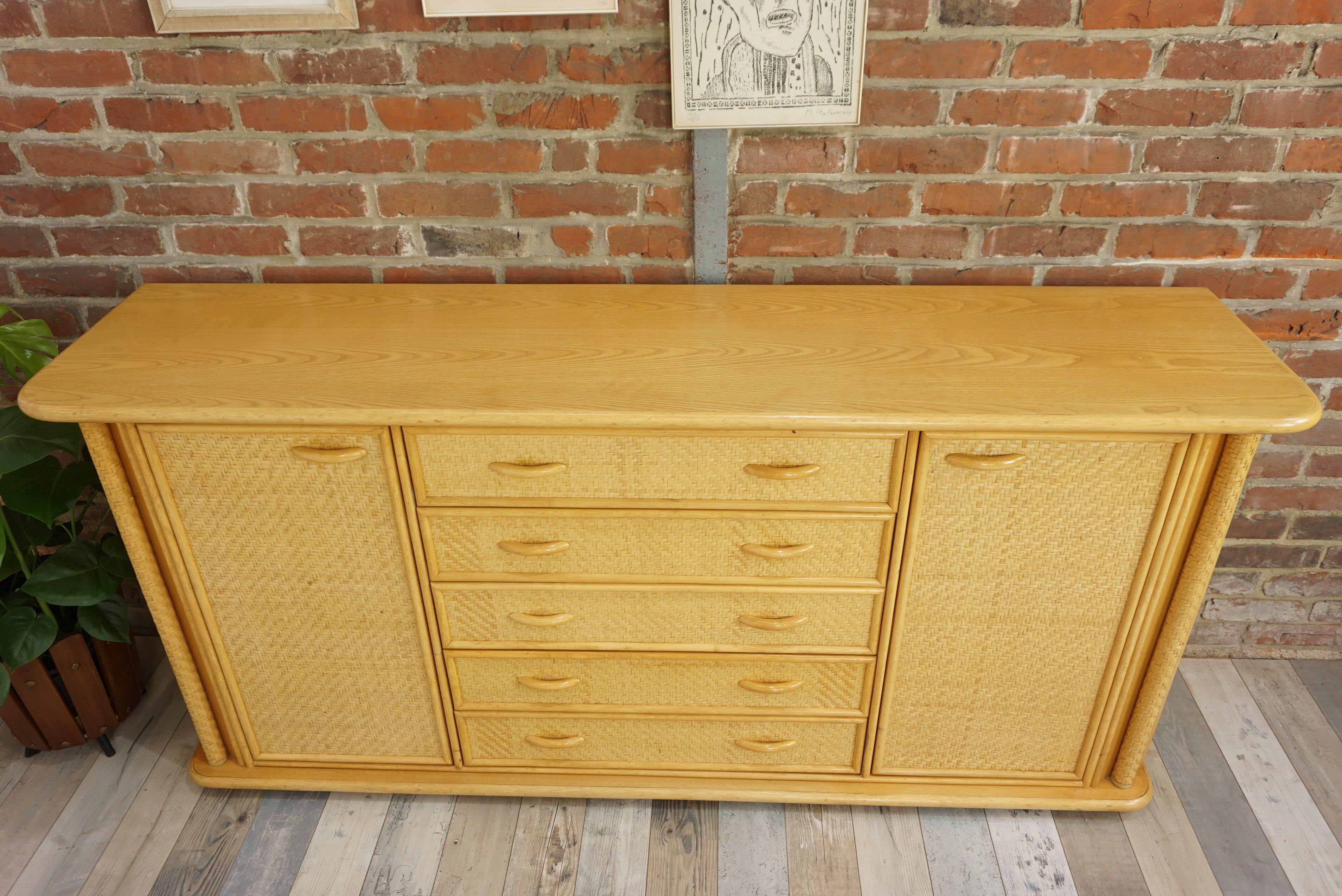 Wooden and rattan sideboard