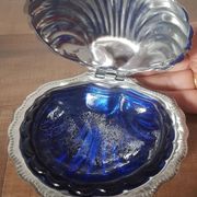 Vintage ashtray in silver metal and a blue glass part that goes inside in the shape of a saint jacques shell