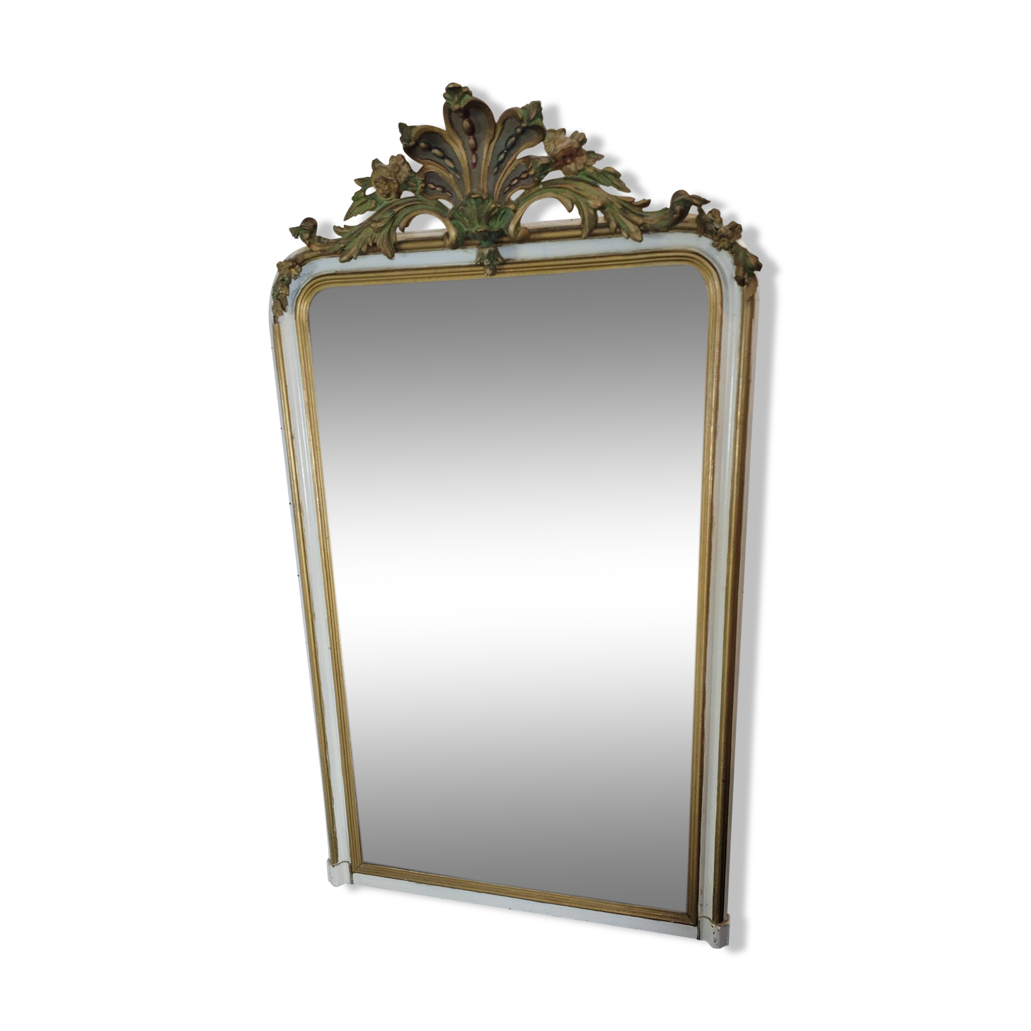 Old Louis XV style mirror with gold and white patina, 145×82cms