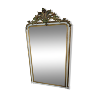 Ancien miroir style Louis XV patine doré et blanc, 145×82cms