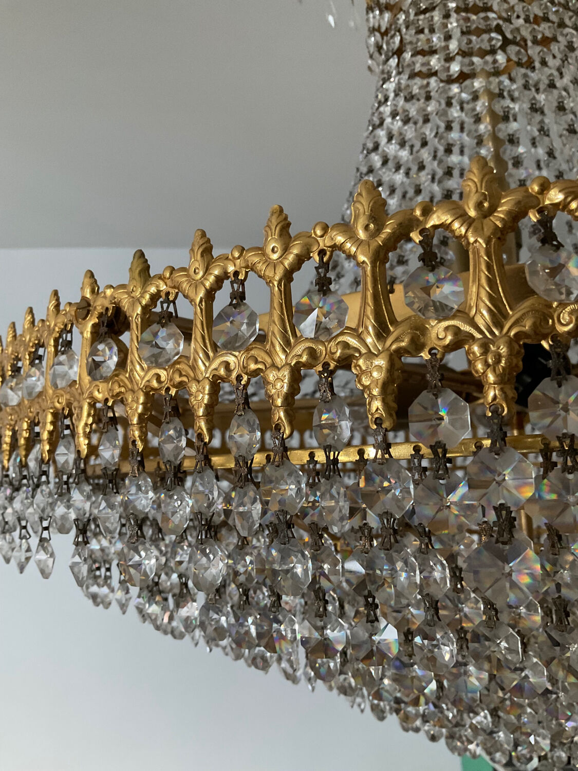 Brass chandelier and crystal tassel waterfall