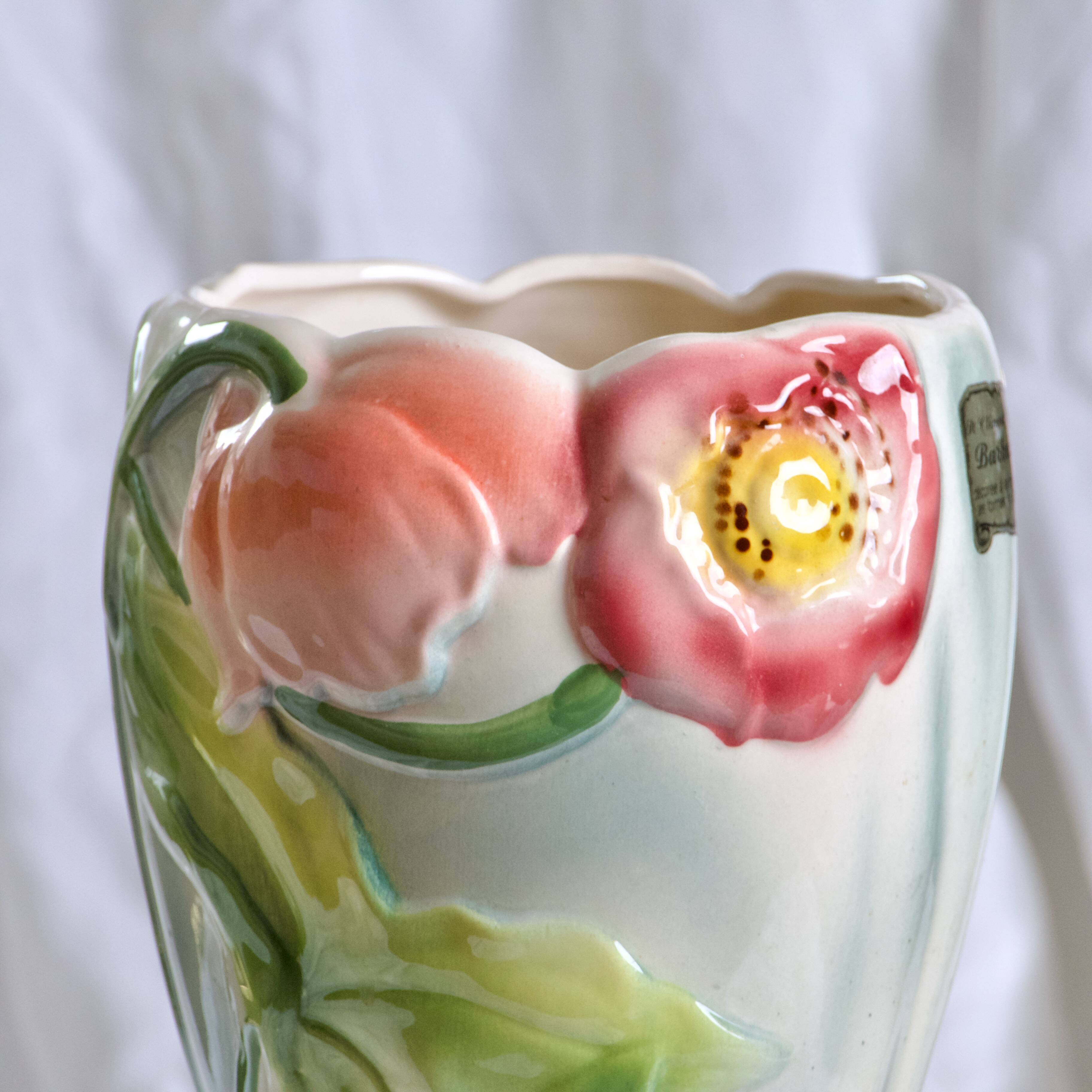 Large antique St Clément vase in barbotine Anemones hand painted