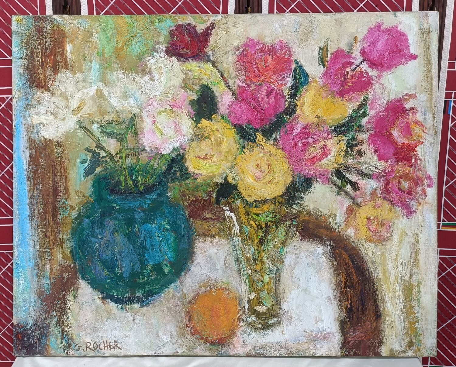 Painting on canvas, bouquet of roses, Georges Rocher