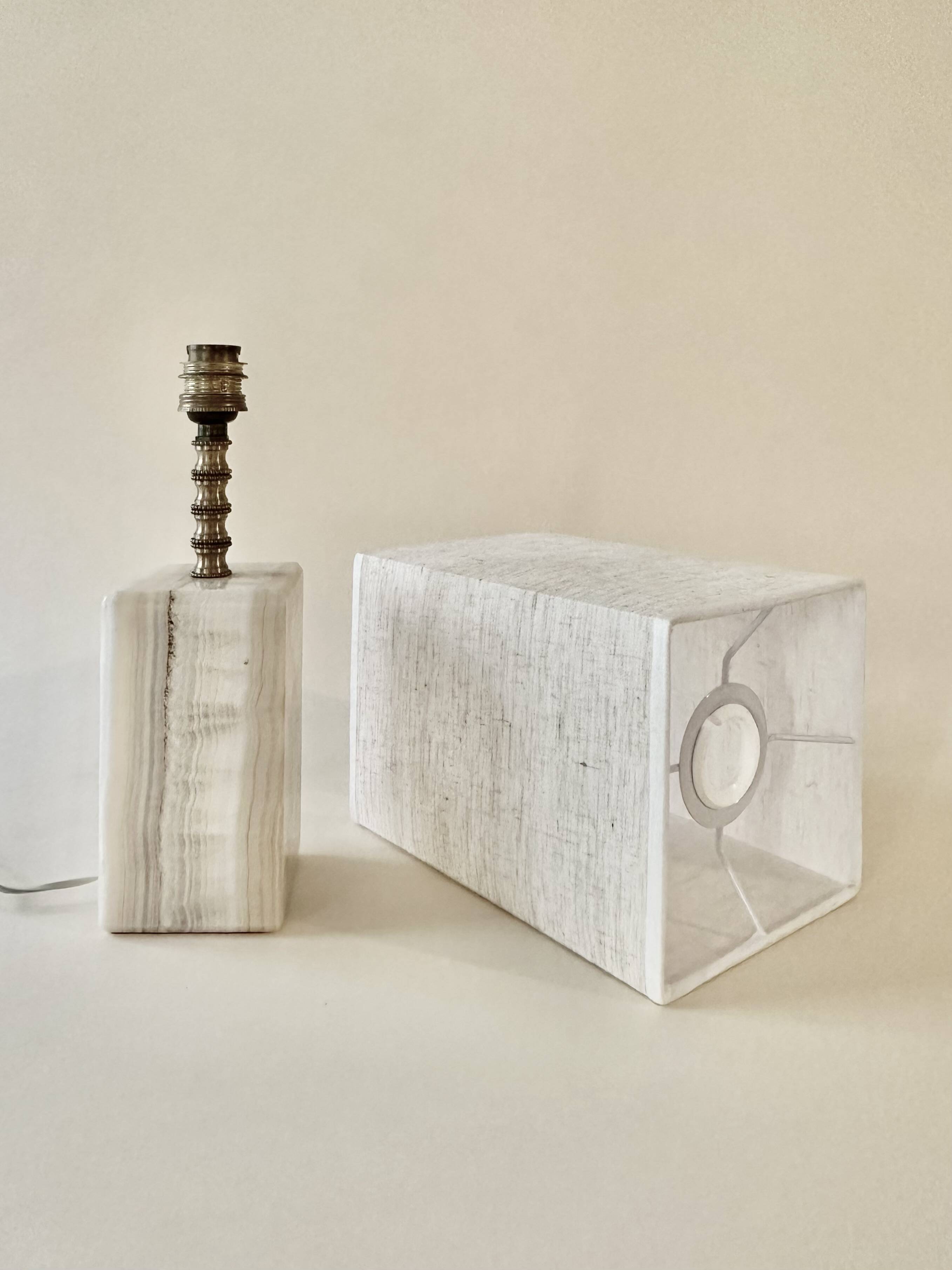 Onyx and brass lamp with a square shade.