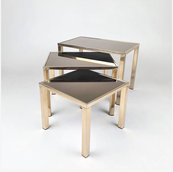 Ensemble de 3 tables gigognes plaquées or 24 carats par Belgo Chrom, années 1970