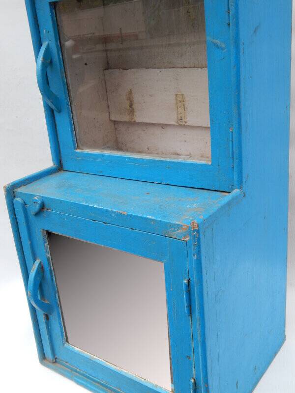 Indian blue window glass and mirror vintage old teak wood