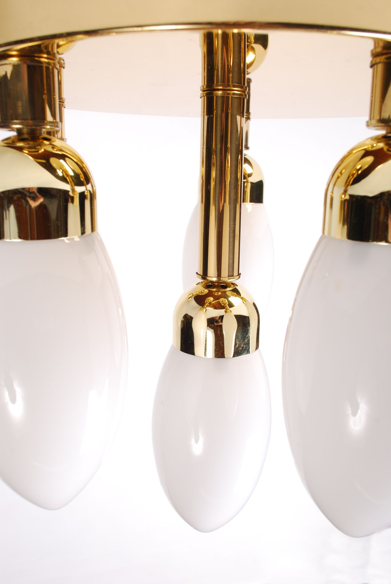 sputnik flush mount, atomic brass ceiling fixture with six opaline cone shaped globes, 1970's