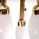 sputnik flush mount, atomic brass ceiling fixture with six opaline cone shaped globes, 1970's