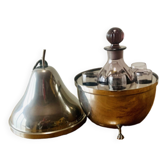 Old liqueur cellar - silver metal pear with 1 carafe and 5 glasses - ice bucket