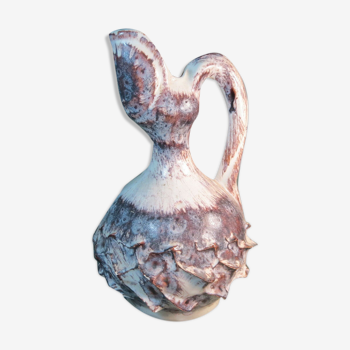 Stylized earthenware pitcher signed old ceramic design 1950 vintage