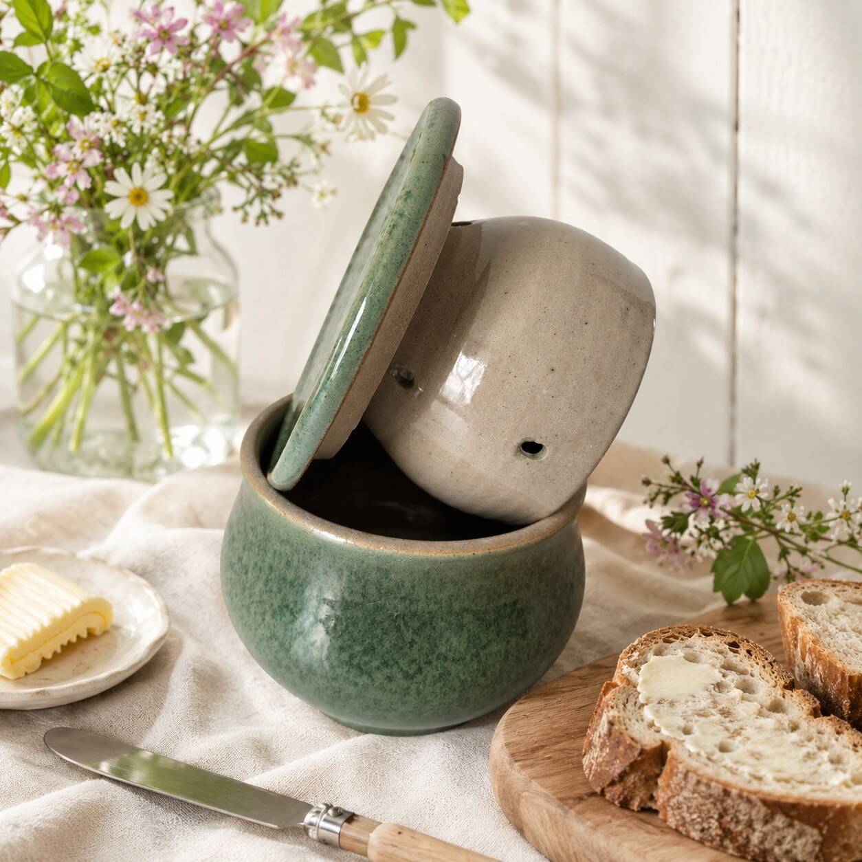 Sage green glazed stoneware butter dish