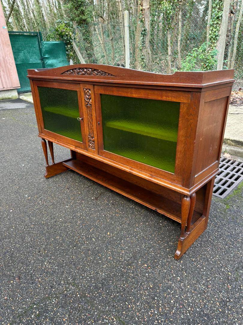 Art Deco sideboard in solid oak and frosted green glass, 1940.