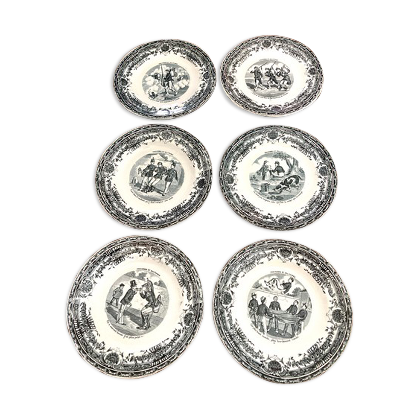 Servide 6 old dessert plates - proverbs and military - porcelain of gien