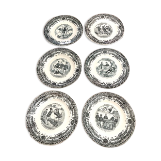 Servide 6 old dessert plates - proverbs and military - porcelain of gien