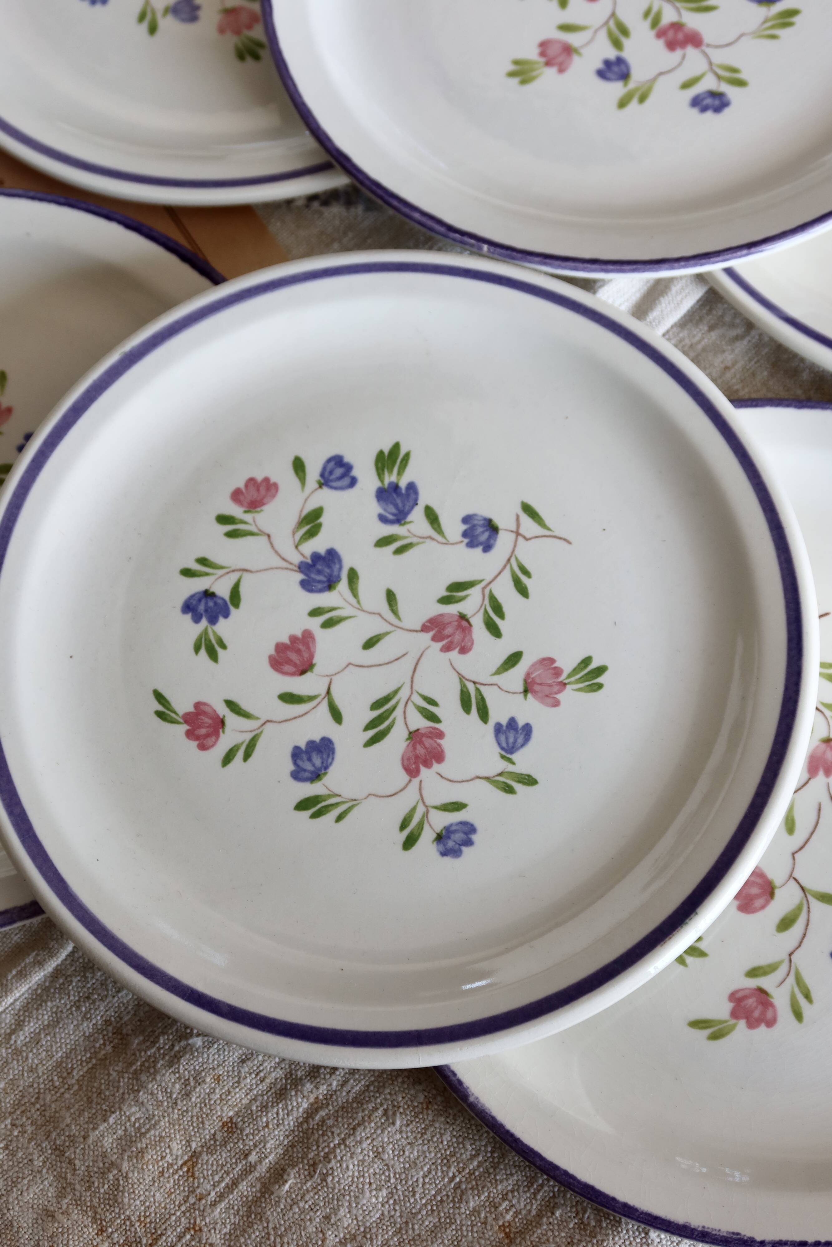 6 vintage porcelain dessert plates Moulin des Loups lilac floral pattern