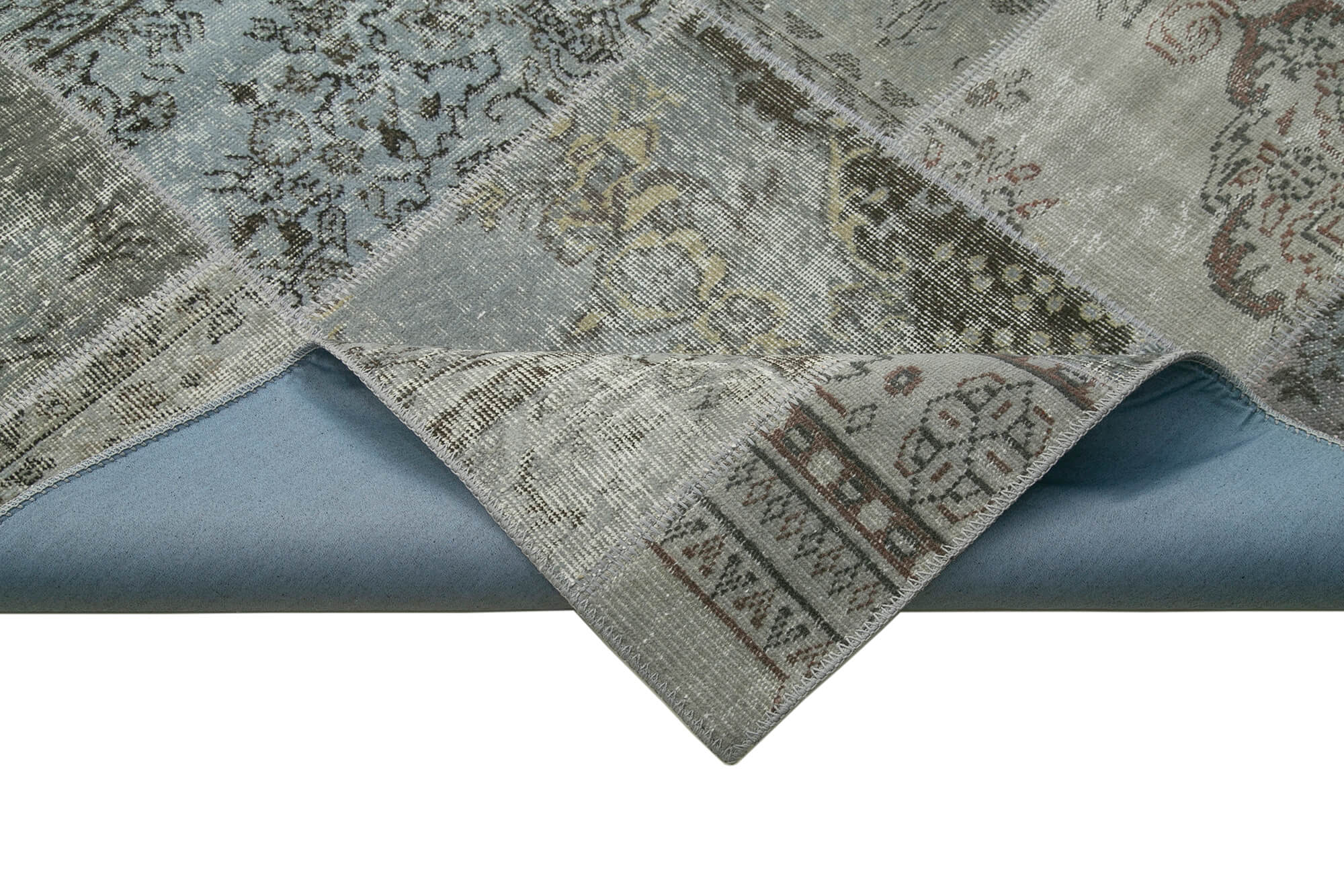 Hand-knotted turkish vintage 172 cm x 245 cm grey patchwork carpet