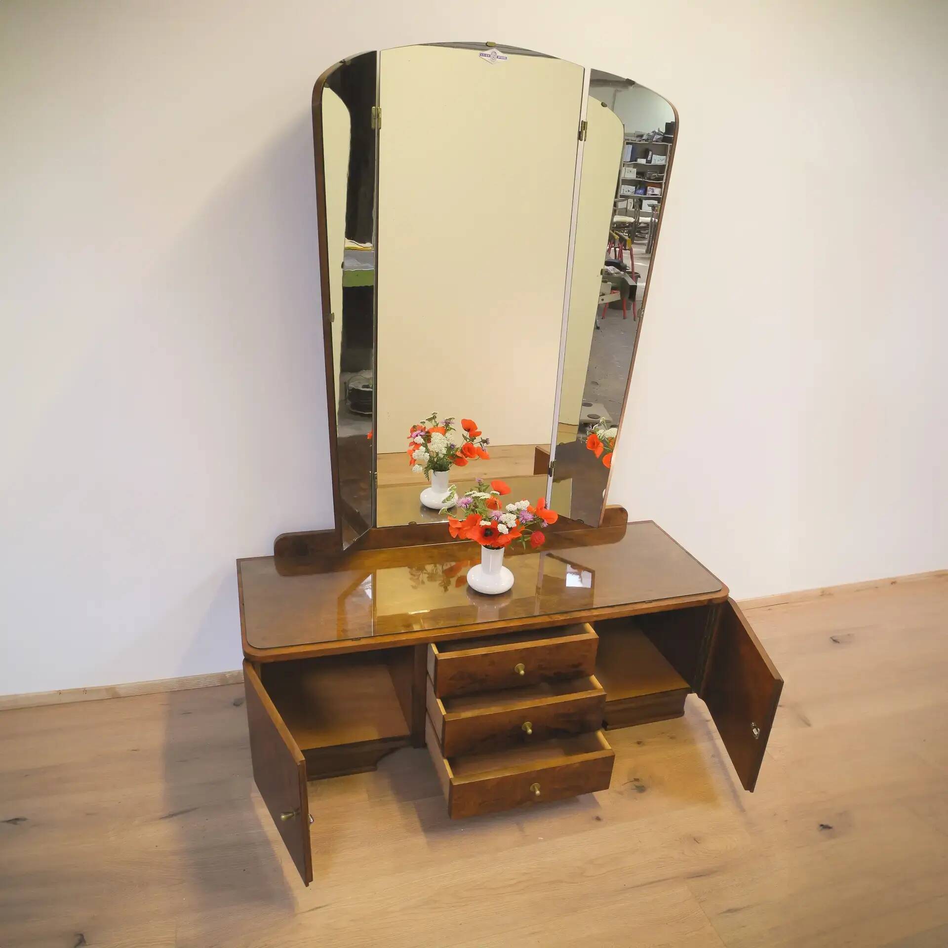 Mirror chest of drawers with swivelling mirrors, flamed birch stained, 50s