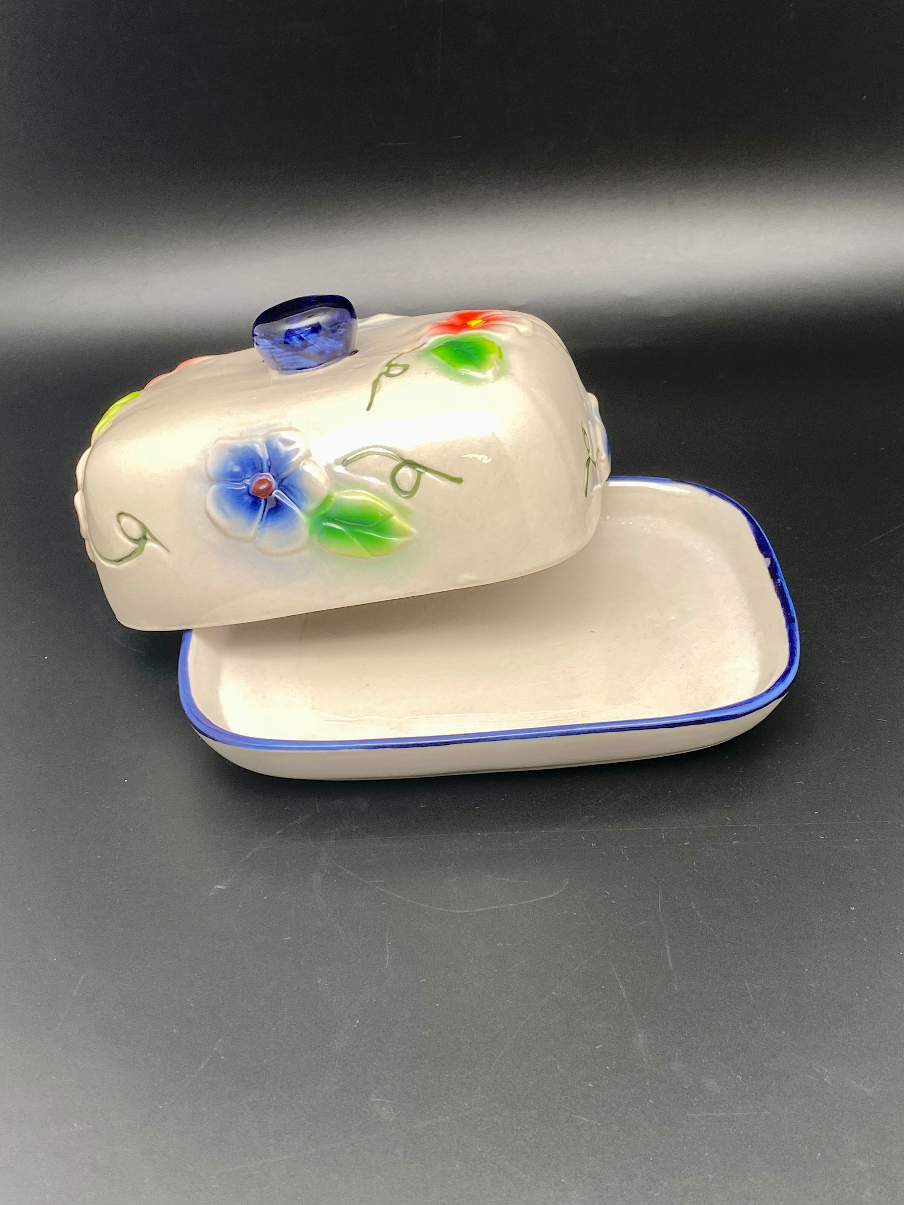 Ceramic butter dish with colored flowers
