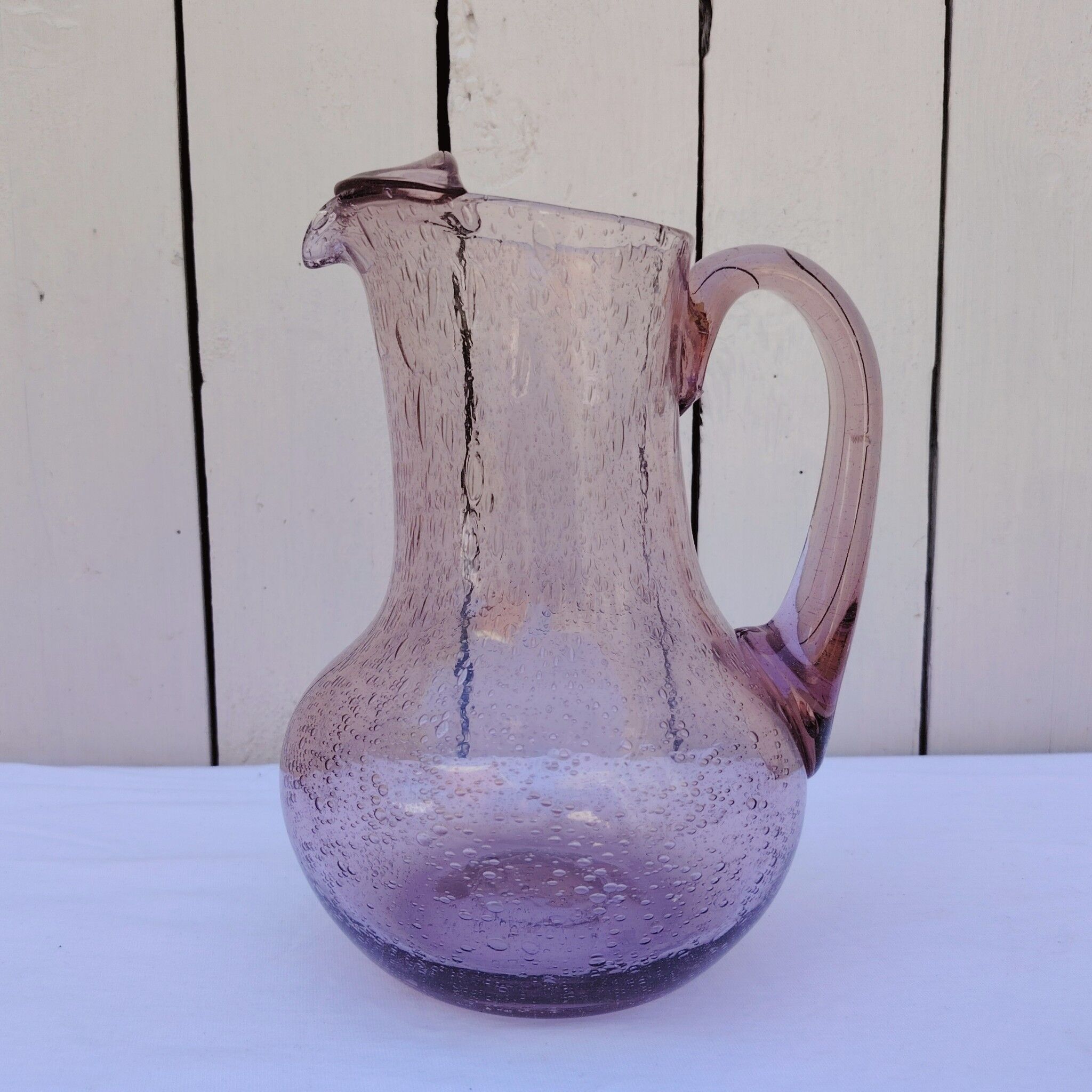 Blown glass pitcher with bubbles, Biot glassware style, vintage.