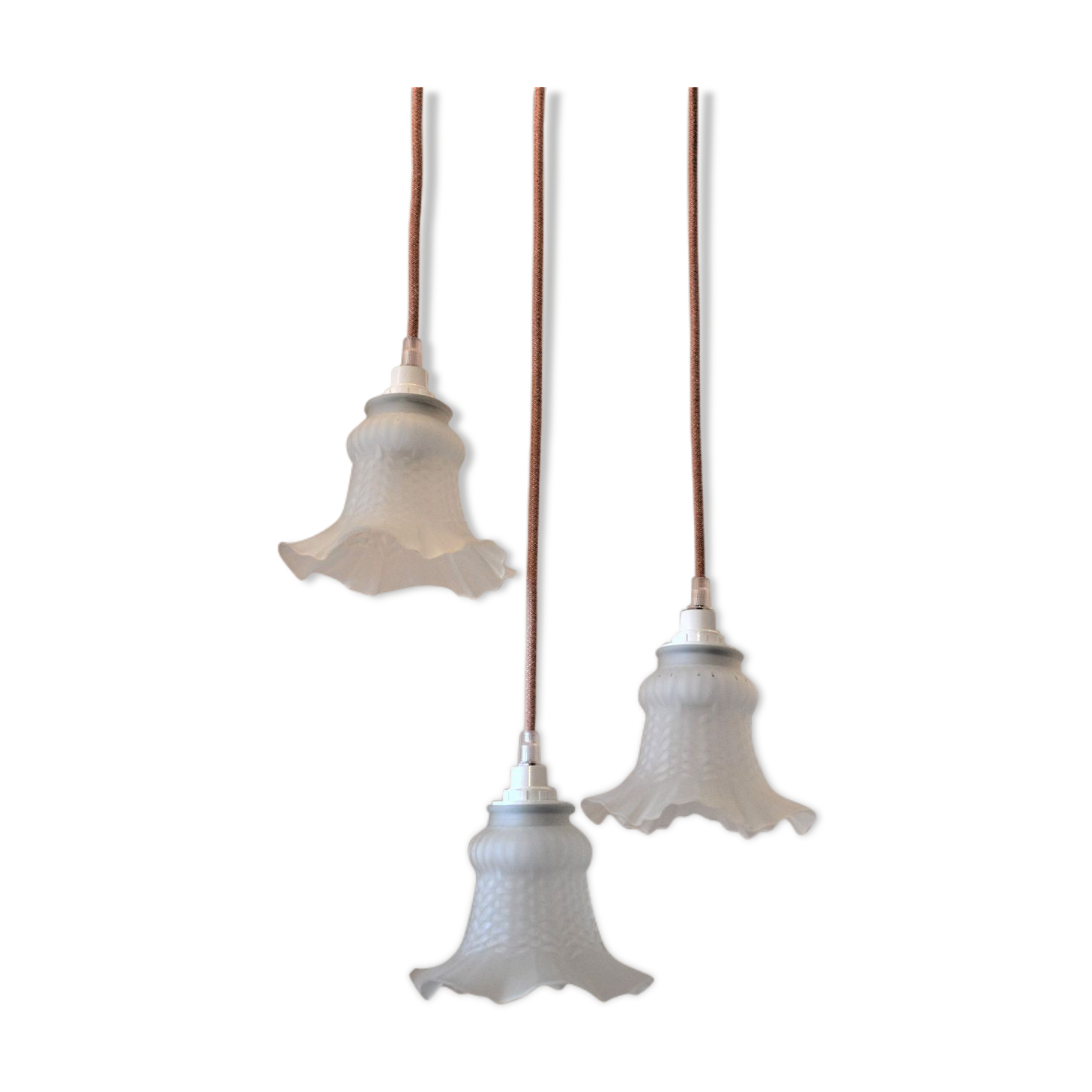Vintage chandelier 3 pendants with glass tulip lampshades and pink cord