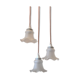 Vintage chandelier 3 pendants with glass tulip lampshades and pink cord