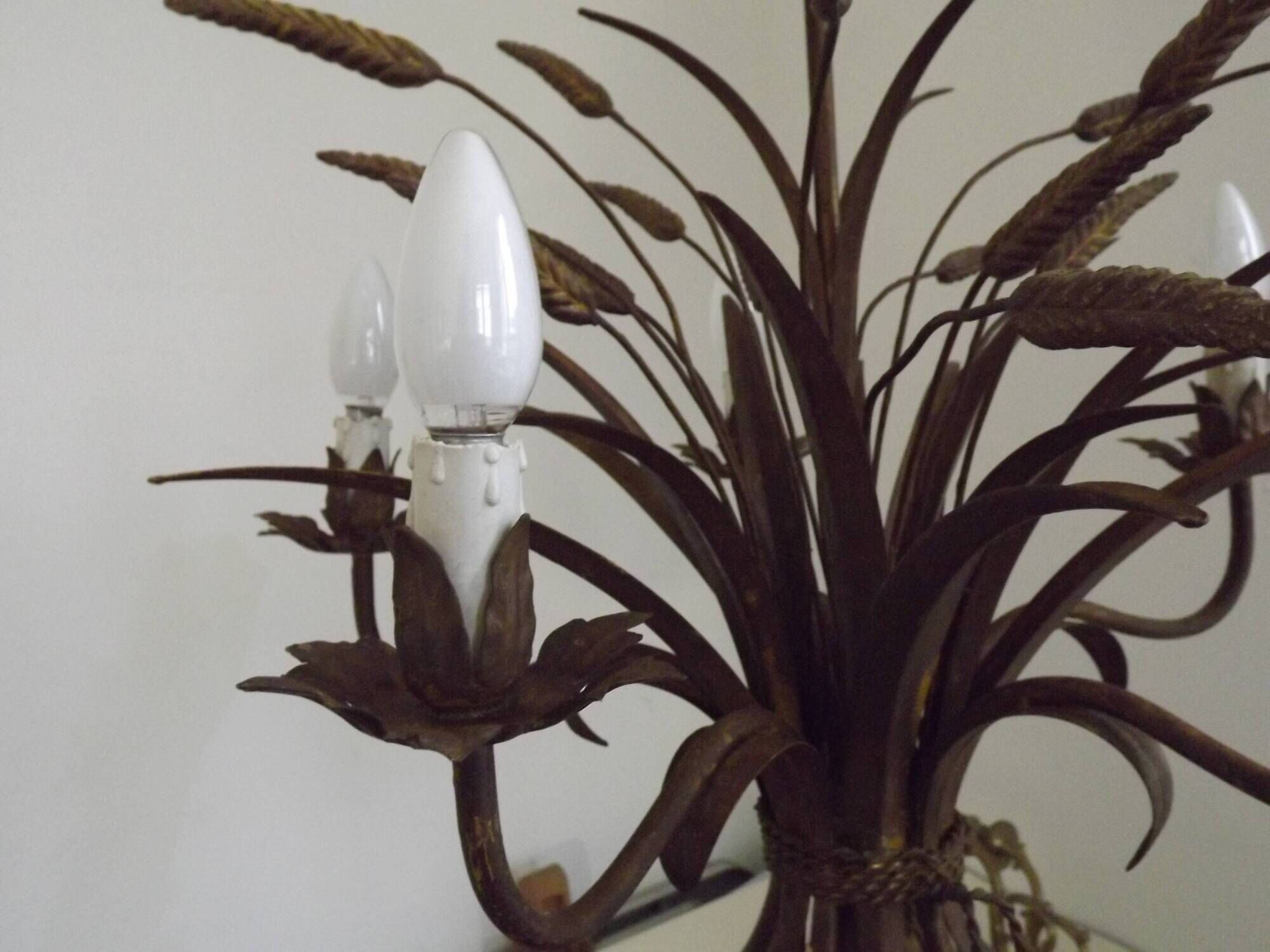 Vintage Hollywood Regency Wheat Sheaf Gold Gilt Metal 5 Light Chandelier