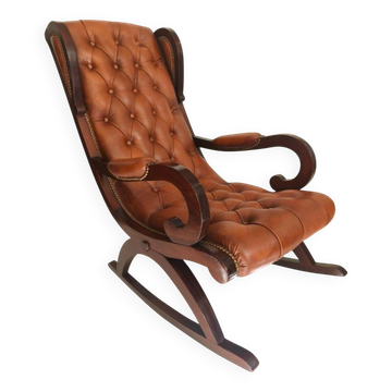 Rocking chair with footrest, wood and tufted leather