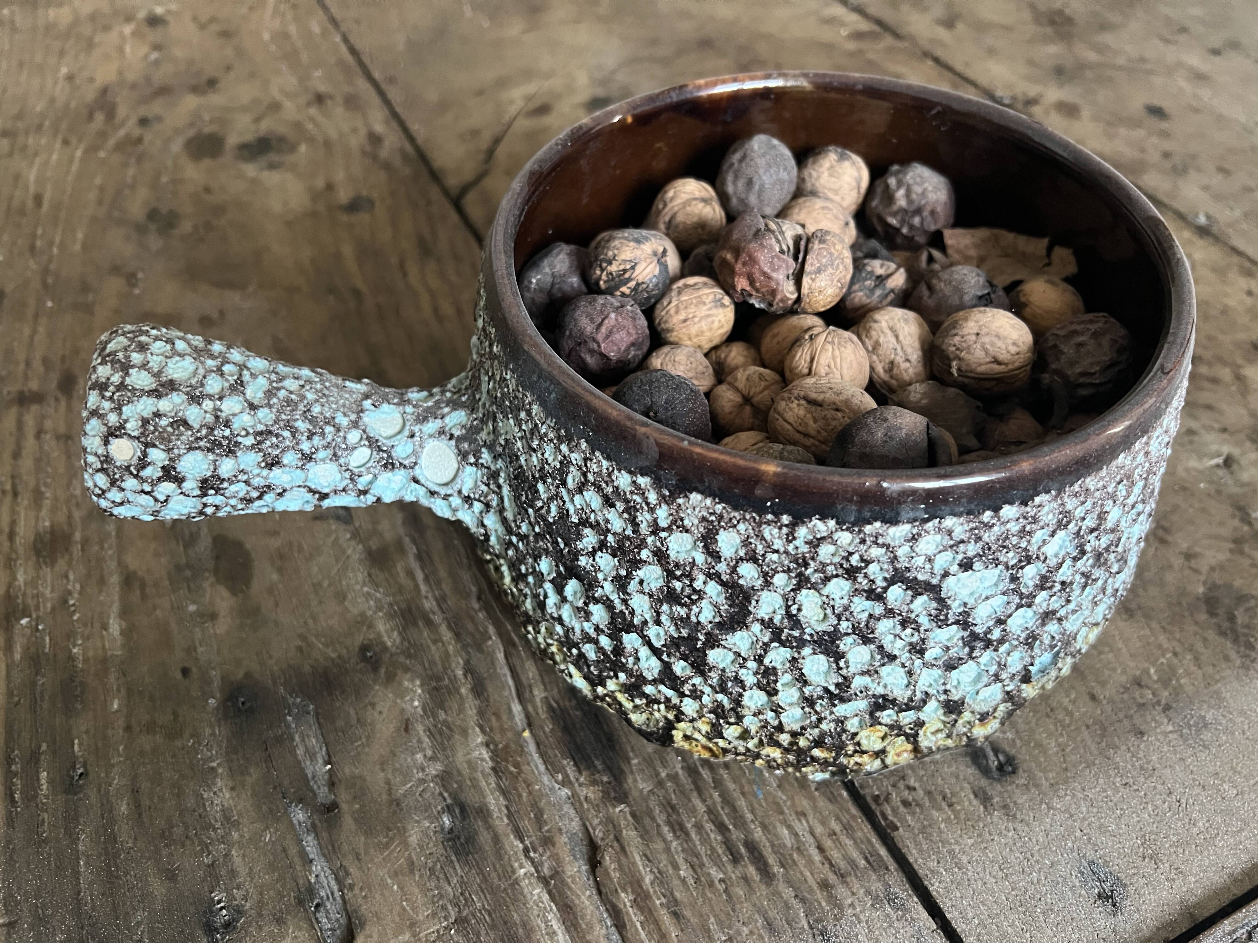 Vallauris ceramic pan – turquoise lava enamel – 1950s/1960s