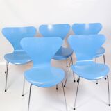 Set Of 5 Seven Chairs Model 3107 In Light Blue By Arne Jacobsen From 1980s