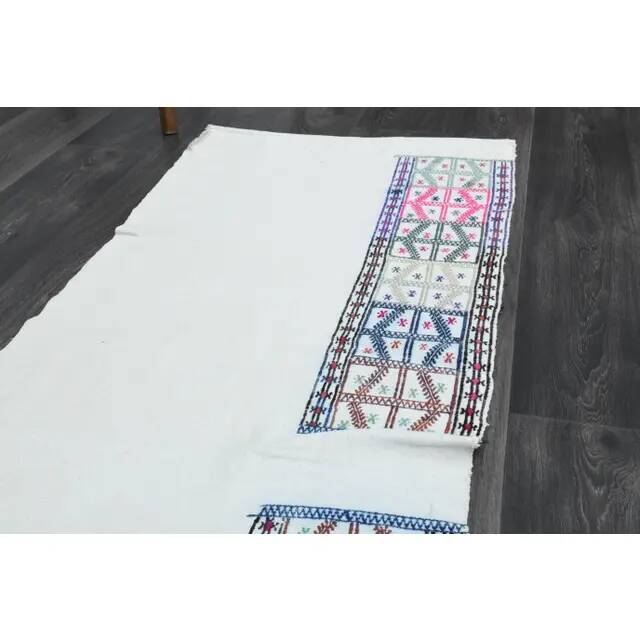 1970s Vintage Turkish Handwoven Wool Cotton White Runner Rug 69x215