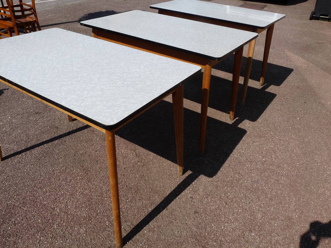 set of 3 vintage white Formica and wood tables