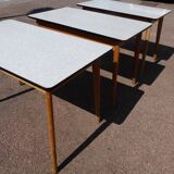 set of 3 vintage white Formica and wood tables