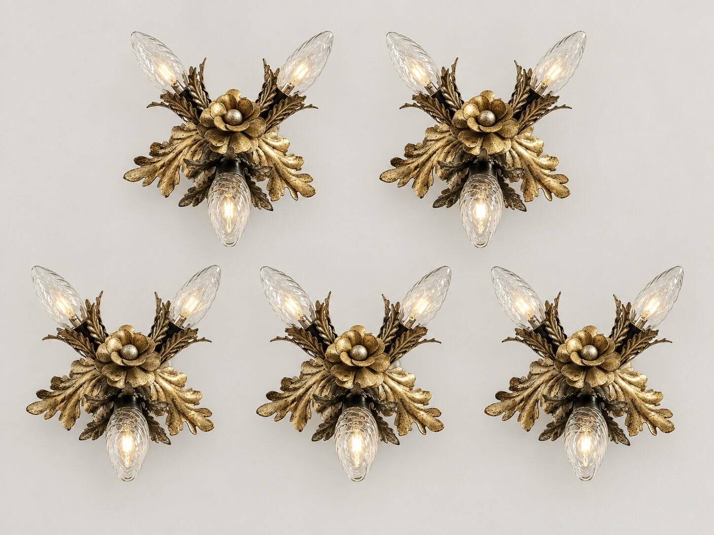 Vintage Florentine floral hand-forged silver-plated 3-light flush mount from Banci Firenze, Italy, Florence 1960s, set of 5