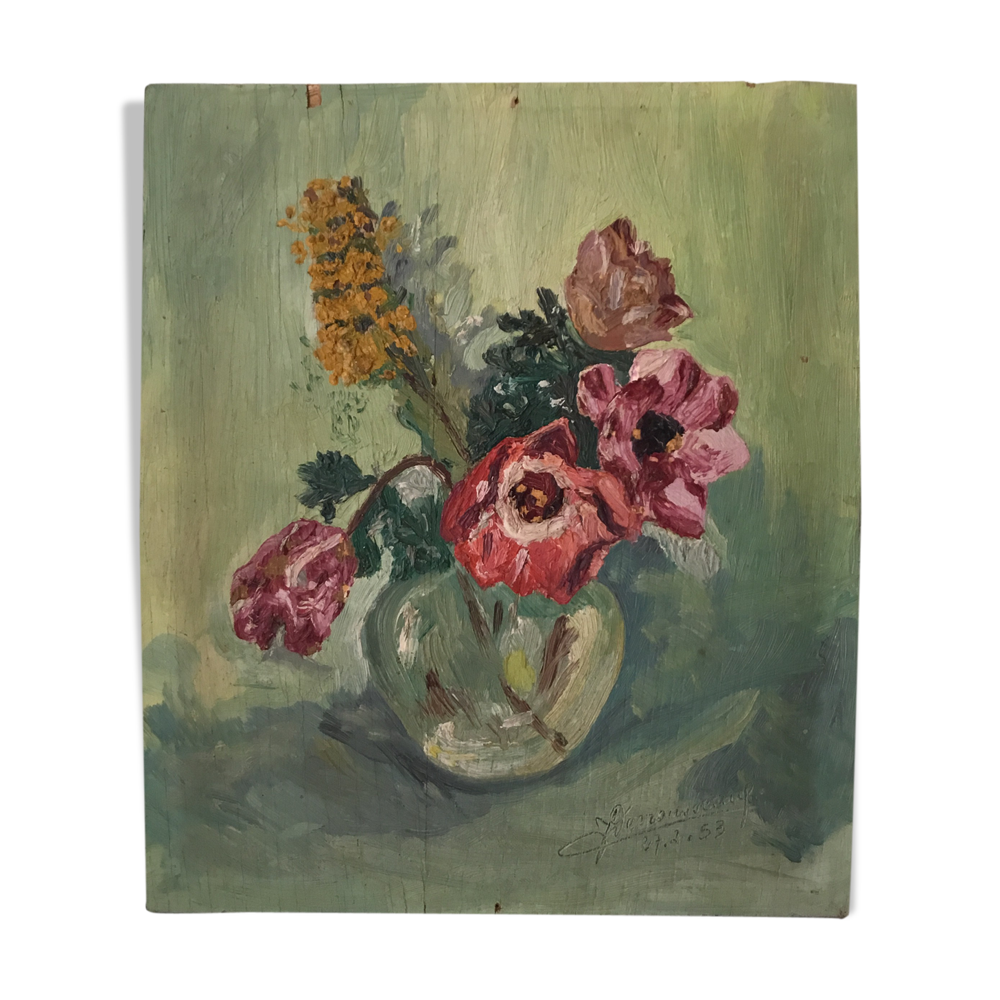 Bouquet of ancient flowers on panel