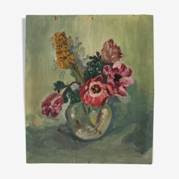 Bouquet of ancient flowers on panel
