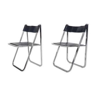 Lot de 2 chaises pliantes en chrome et cuir "Tamara" par Arben Italie