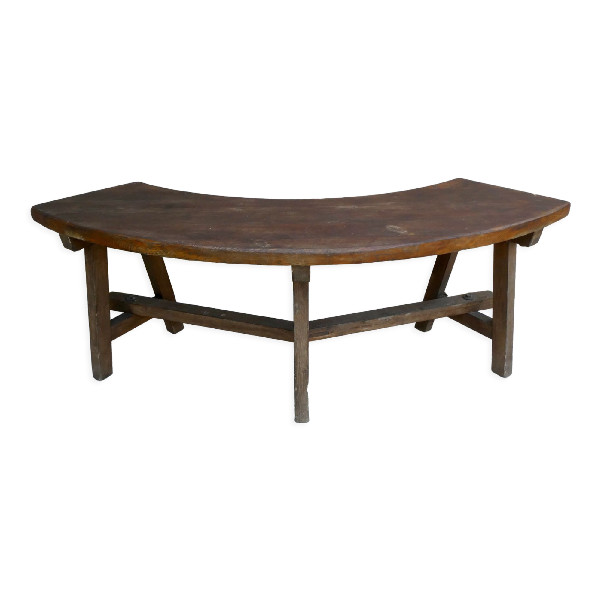 Curved solid wood bench, 70s