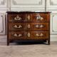 Louis XV chest of drawers in veneer and gilded bronze, Rance marble, 18th century