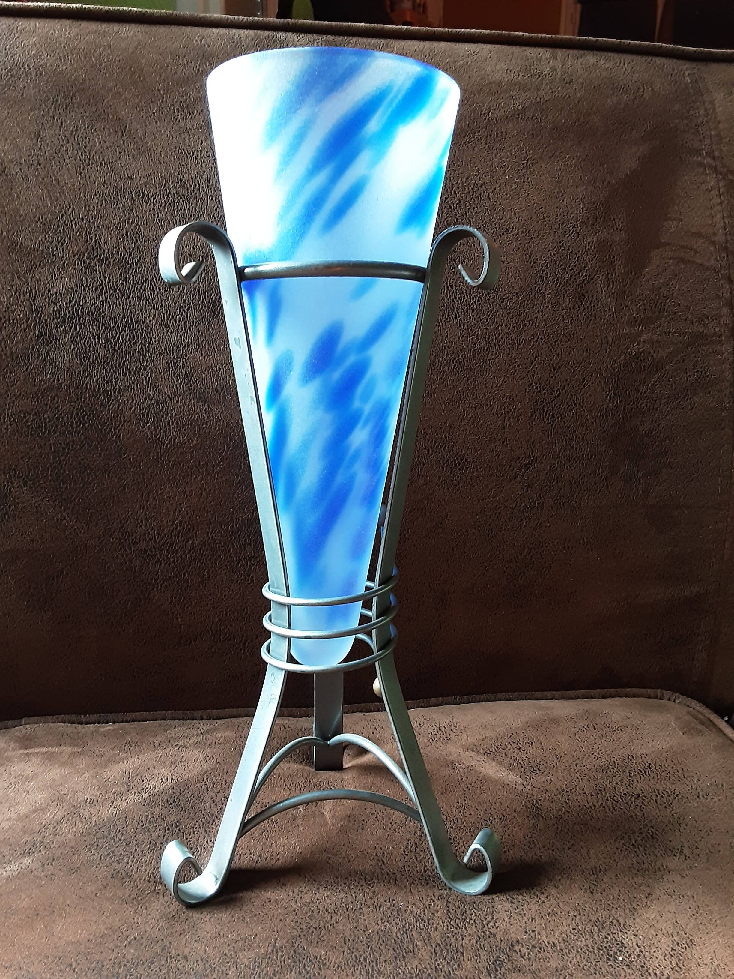 Marbled blue opaline vase on metal base
