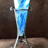 Marbled blue opaline vase on metal base