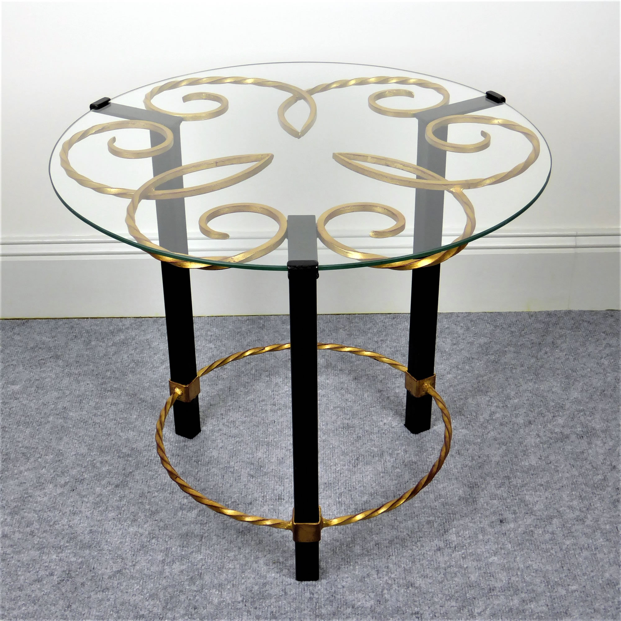 Guéridon plateau verre métal doré 1950