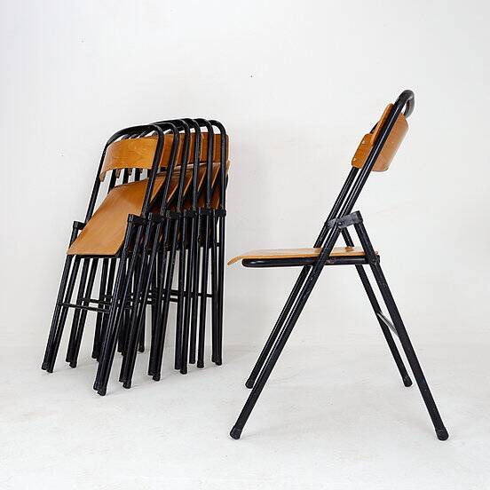 Vintage Set of 7 folding chairs in metal and wood - 1960s