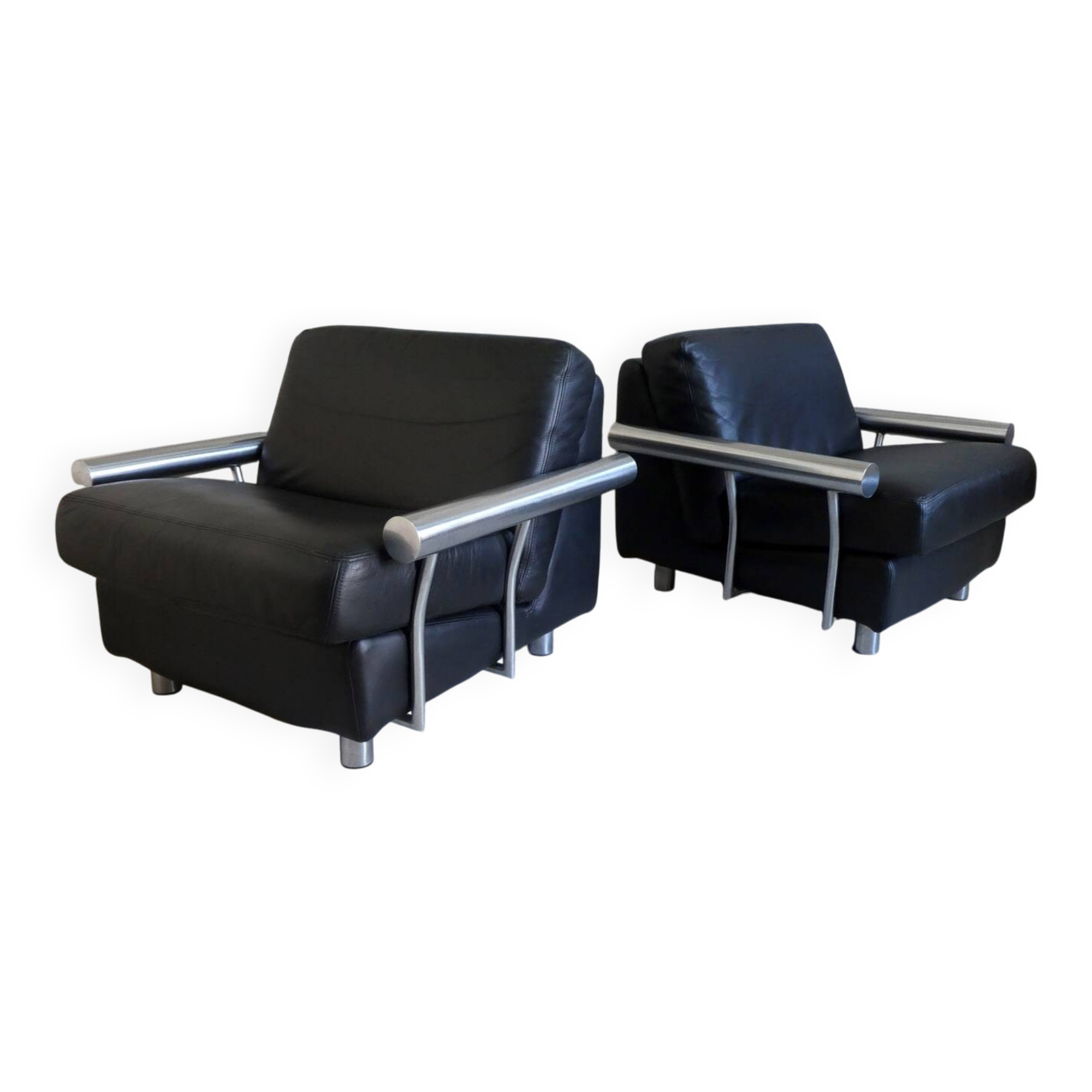 pair of armchairs, black leather & stainless steel, 1990