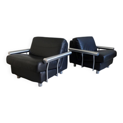 paire de fauteuils, cuir noir & inox, 1990